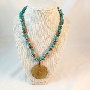 Turquoise chips & copper spotted rounds with carved Jade drop pendant